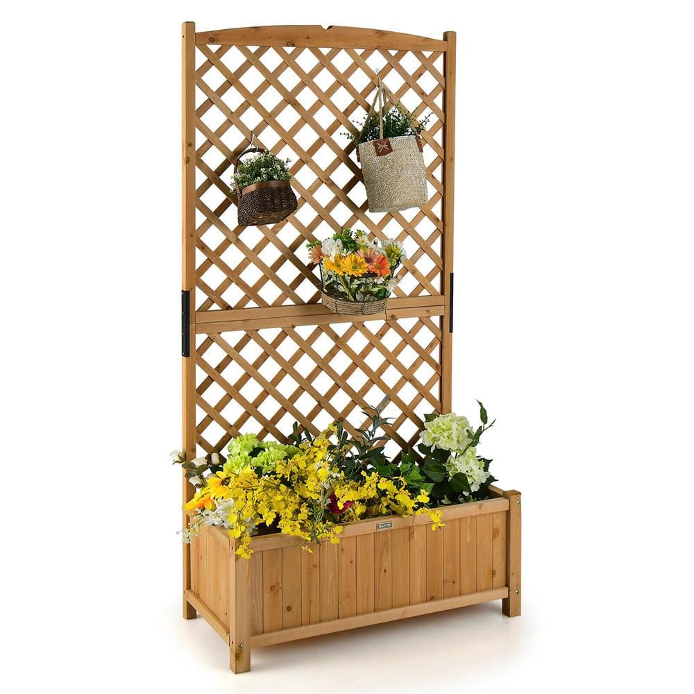 Gymax 71 In Tall Raised Garden Bed Wooden Planter With Trellis For Flower Climbing Plant 4637