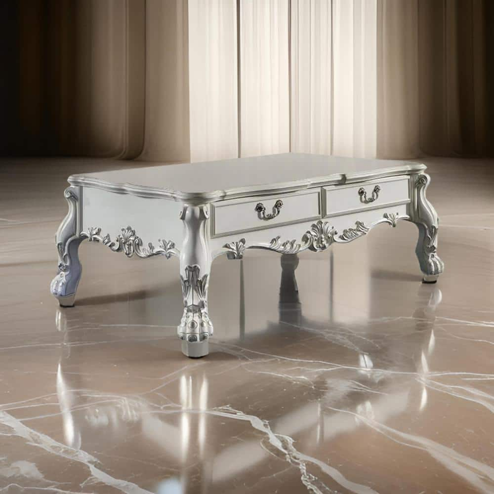 Benjara Ally 57 in. White and Silver Rectangle Wood Coffee Table with ...