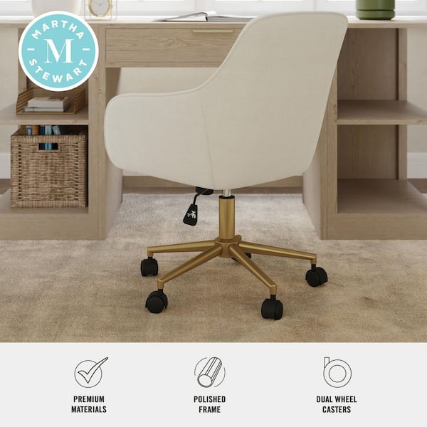 Rayna Fabric Adjustable Height Ergonomic Office Chair in Off White/Polished Brass with Arms