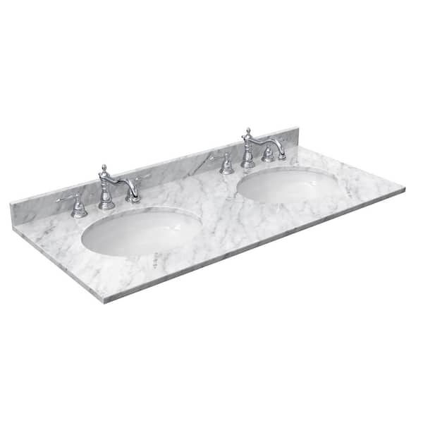 48 in. W x 22 in. D Marble White Round Double Sink Bathroom Vanity Top in White Carrara