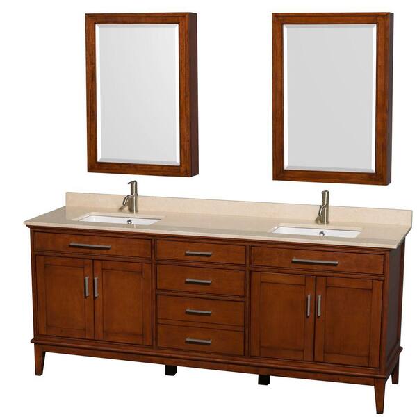 Wyndham Collection Hatton 80 in. Vanity in Light Chestnut with Marble Vanity Top in Ivory, Square Sink and Medicine Cabinet