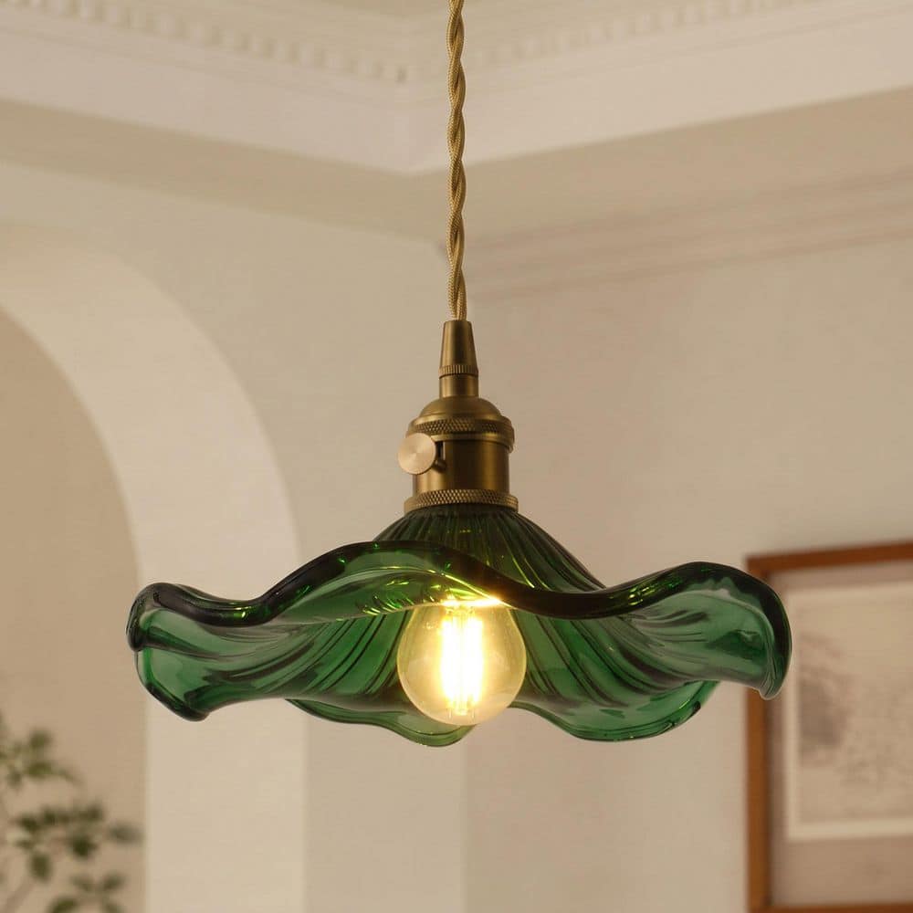9.25 in. 1-Light Vintage Brushed Brass Pendant Light Floral Adjustable Hanging Light with Green Glass Shade price history on PriceWatchPro