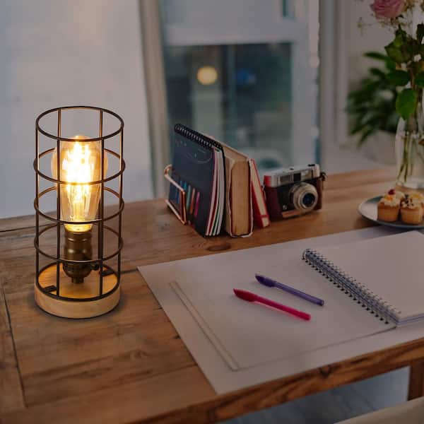 Zompoo Modern 7.7 in. 1-Light Wood Base Table Lamp for Living Room with Black Cage Shade and Switch, E26 Base, not include bulb