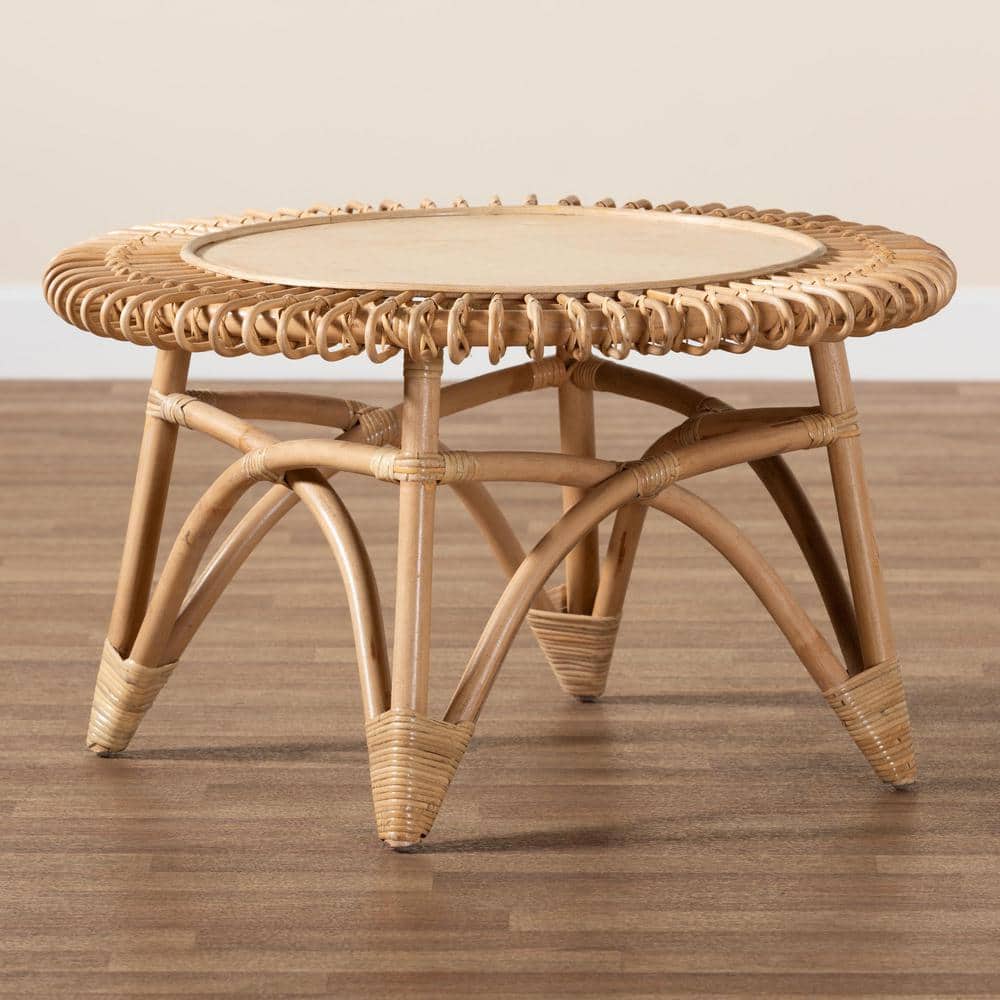 Elani 31" Natural Brown Round Rattan and Wood Coffee Table
