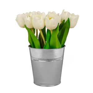 9 in. Artificial Floral Arrangements Tulips in Metal Pot Color: White