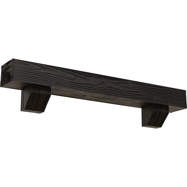 Ekena Millwork 8 in. x 12 in. x 7 ft. Sandblasted Faux Wood Fireplace Mantel Kit, Ashford Corbels, Burnished Cedar