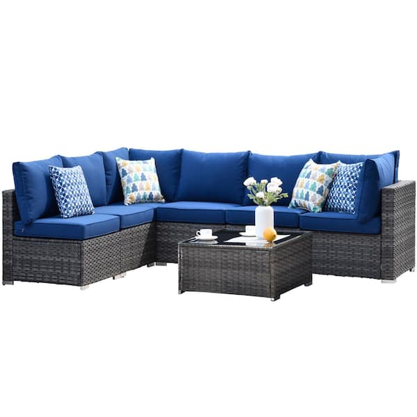 Gemini 7-Piece Wicker Outdoor Sectional Set with Navy Blue Cushions