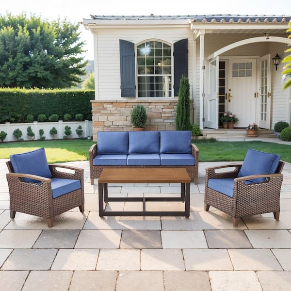 Kelsey 4-Piece Brown Wicker Patio Conversation Seating Sofa Set with Blue Cushions