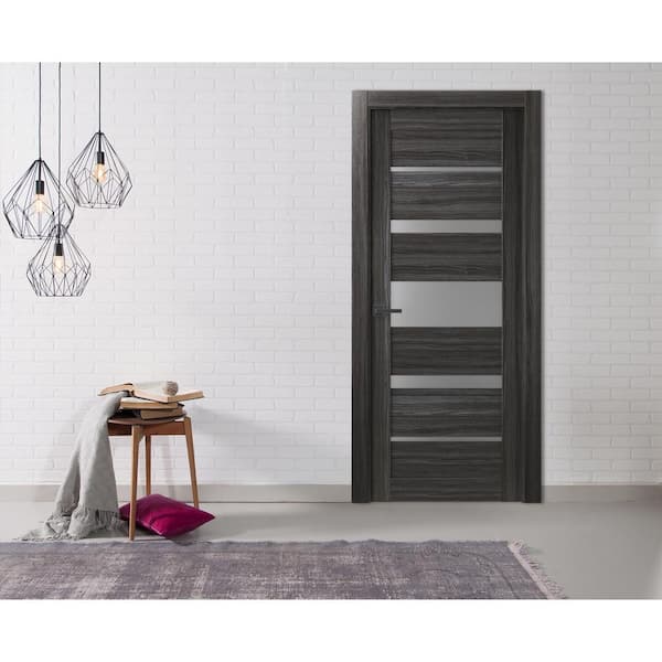 36 in. x 80 in. Kina Gray Oak Finished Frosted Glass 5 Lite Solid Core Wood Composite Interior Door Slab No Bore