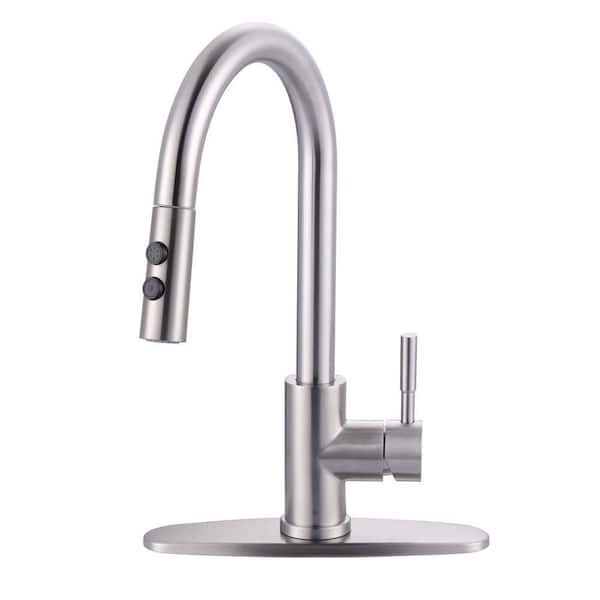 15.3 in. H Single Handle Pull Down Sprayer Kitchen Faucet with 3-Spray and 360° Spout Swivel Mode in Brushed Nickel