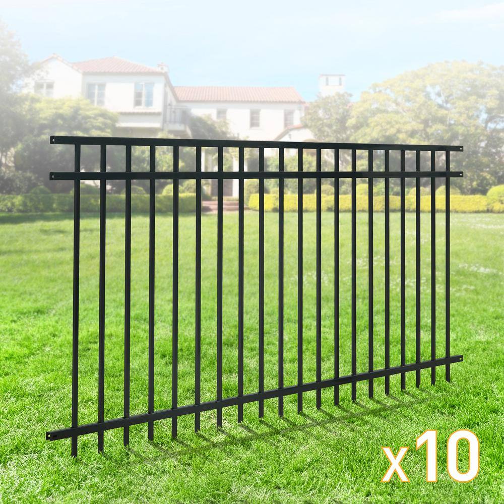 Heavy-Duty Black Metal Flat Top Garden Fence Panels, 4 ft. x 8 ft.