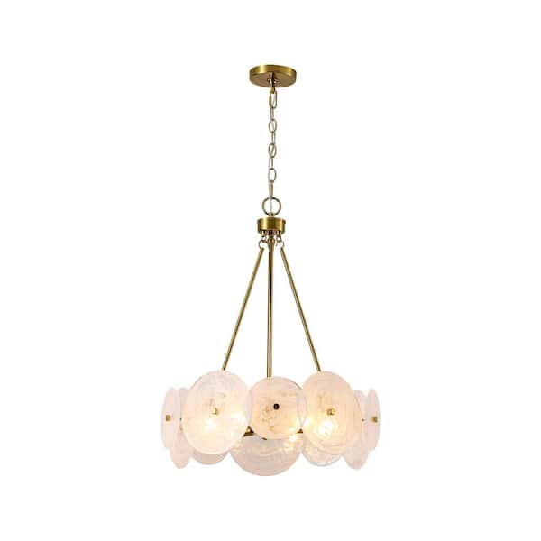 Yvette 6-Light Modern Brass Drum Round Chandelier with White Strie Glass