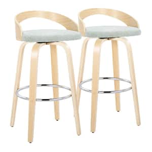 Grotto 29.5 in. Light Green Fabric, Natural Wood, and Chrome Metal Fixed-Height Bar Stool (Set of 2)