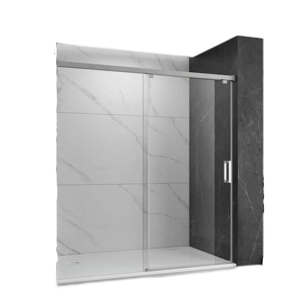 EPOWP 48 in. W x 76 in. H Single Sliding Frameless Shower Door in Stainless Steel with Clear Glass