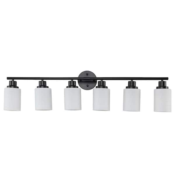 38.6 in. Modern 6-Light Bathroom Vanity Light, Frosted White Glass with Black Iron Frame (Bulb Not Included)