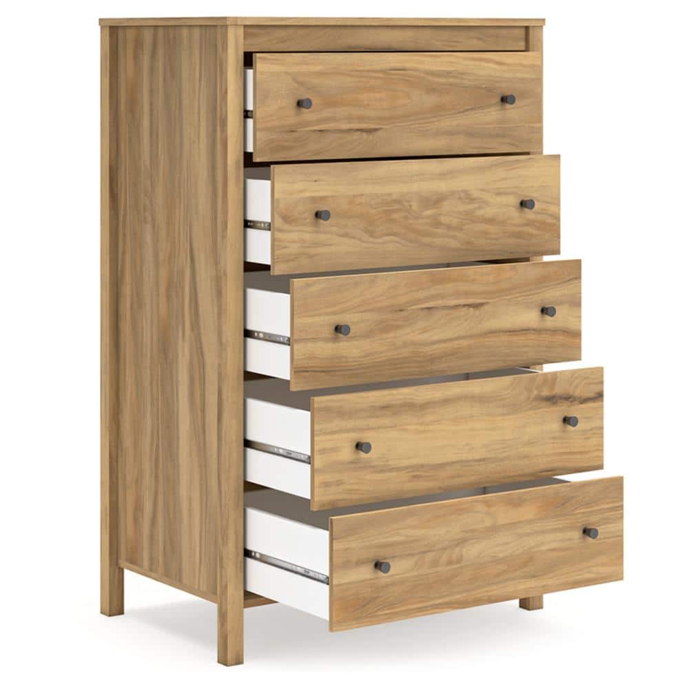 Light Brown 5-Drawer Tall Dresser with Dark Bronze Knobs