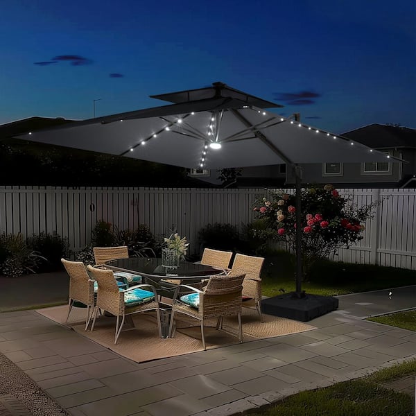 11 ft. x 11 ft. LED Square Swivel Double Top Cantilever Tilt Patio Umbrella in Dark Gray with 220 lbs. HDPE Base