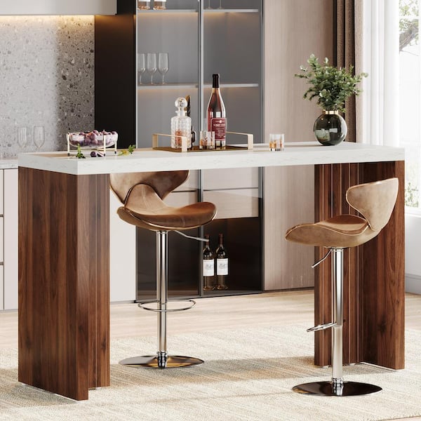 TRIBESIGNS WAY TO ORIGIN Adan 55.12 in. Rectangle White Walnut Wood Mini Modern Freestanding Bar Table Faux Marble Finished Tabletop Home Kitchen