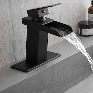 Single Handle Single Hole Bathroom Faucet with Deckplate Included, Waterfall Bathroom Sink Faucet in Matte Black