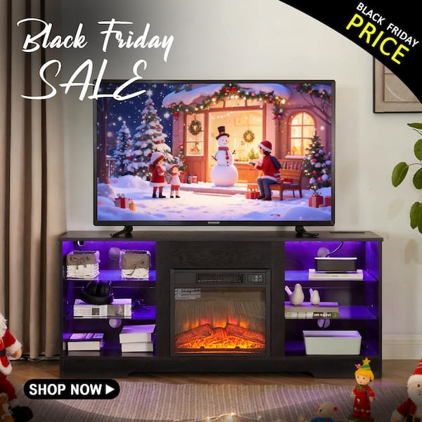 58 in. Freestanding Modern Electric Fireplace TV Stand with LED Lights in Black