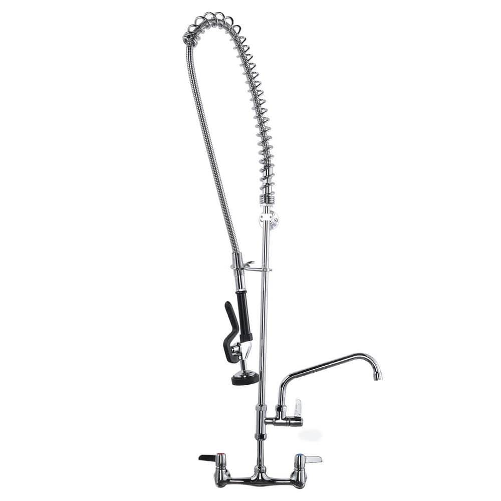 Commercial Triple Handle Wall Mount 43 in. Pull Down Sprayer Kitchen Faucet with Pre-Rinse Sprayer Solid Brass in Chrome