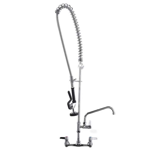 Commercial Triple Handle Wall Mount 43 in. Pull Down Sprayer Kitchen Faucet with Pre-Rinse Sprayer Solid Brass in Chrome