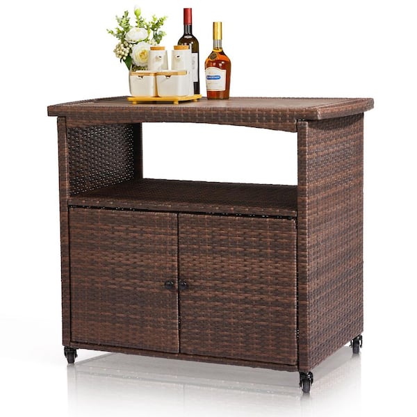 Wicker Outdoor Bar with Storage, Patio Bar Table w/Shelf, Outdoor Storage Cabinet