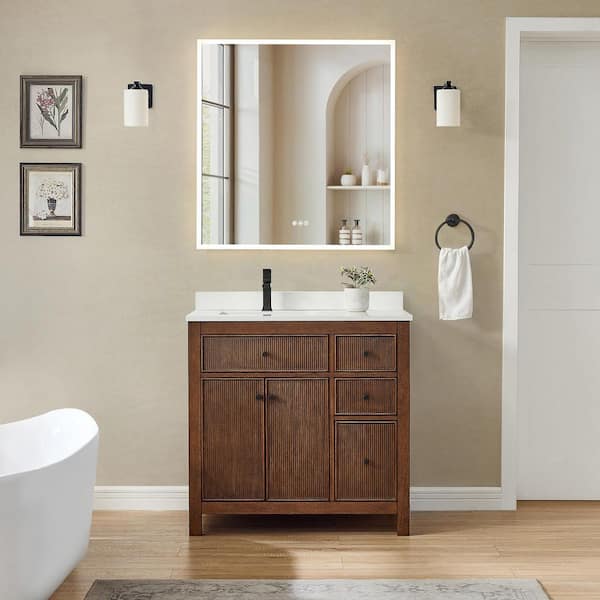 Pendry 36 in. Single Freestanding Dark Walnut with Matte Black Trim Bath Vanity with White Quartz Top
