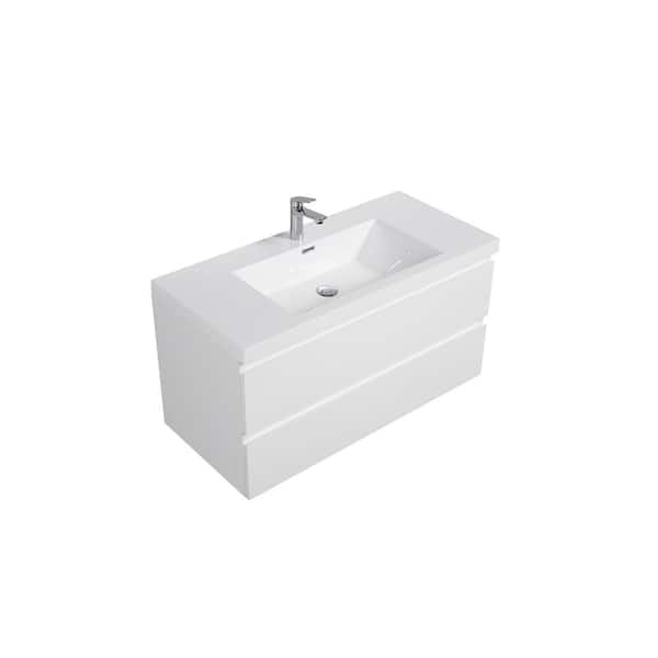 Dimakai 42 in. W Single Sink Wall-Mounted Glossy White Bath Vanity With White Resin Top Unassembled