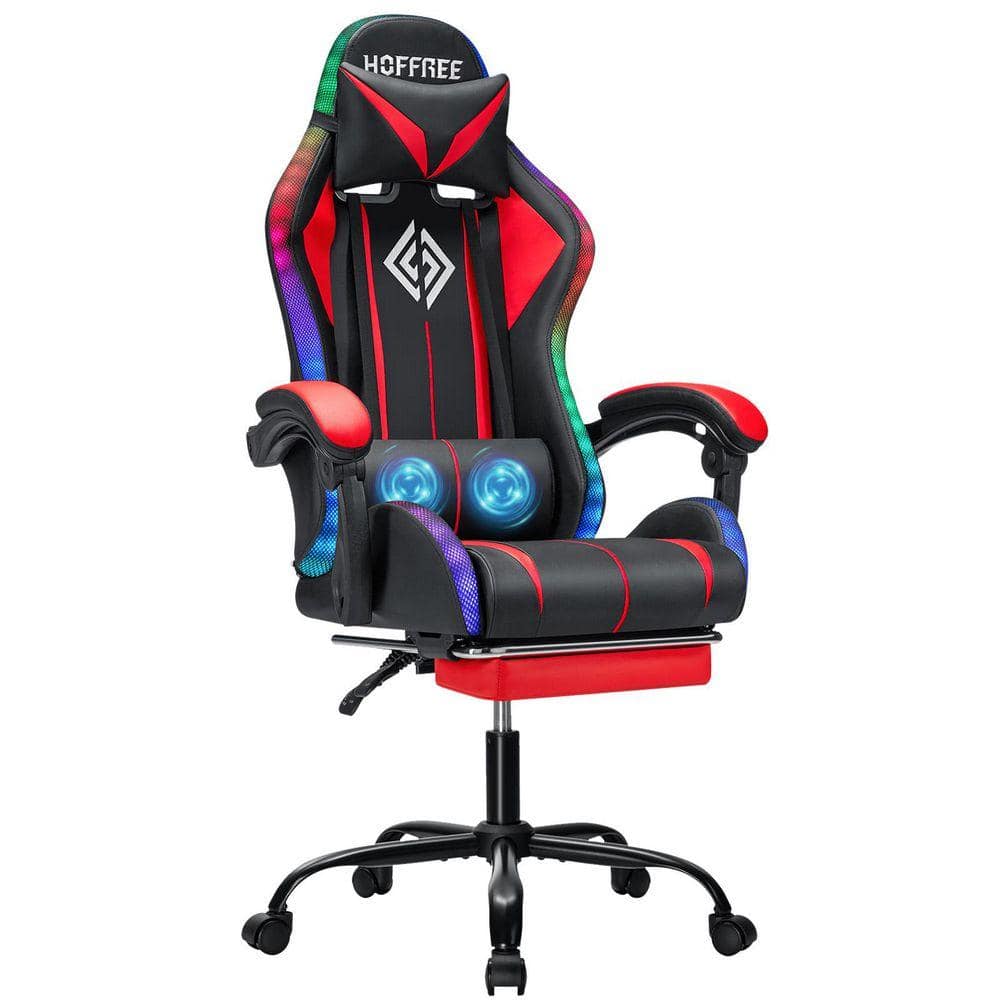 LED Faux Leather Gaming Chair with Massage Ergonomic Computer Chair in Black and Red Color with Adjustable Arms