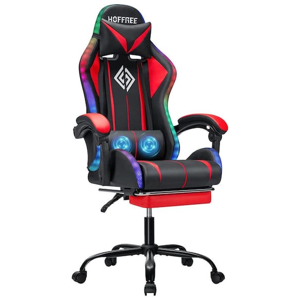 LED Faux Leather Gaming Chair with Massage Ergonomic Computer Chair in Black and Red Color with Adjustable Arms