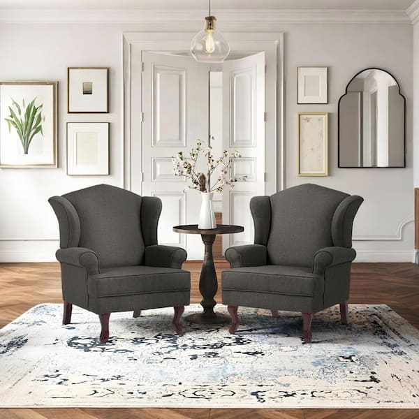Uixe Dark Gray Linen Wood Legs Upholstered Accent Arm Chair with Wingback (Set of 2)
