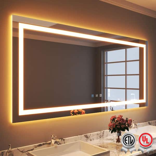 78 in. W x 36 in. H Rectangular Frameless Wall Bathroom Vanity Mirror with Backlit and Front Light
