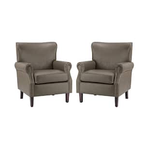 Enzo Traditional Comfy Vegan Leather Solid wood Legs Armchair with Nailhead Trim For Livingroom and Office Set Of 2-Grey
