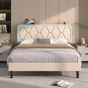 Upholstered Bed Full Smart LED Bed Frame with Adjustable Beige Headboard, Platform Bed with Solid Wood Slats Support