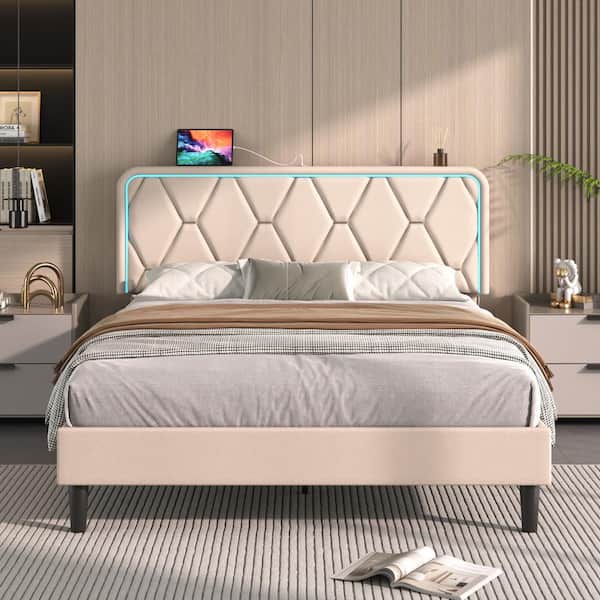 VECELO Upholstered Bed Full Smart LED Bed Frame with Adjustable Beige Headboard, Platform Bed with Solid Wood Slats Support