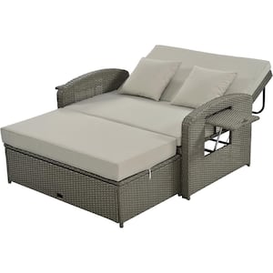 Double Chaise Lounge Brown of 1-Piece Wicker Outdoor 2-Person Reclining Day Bed with Adjustable Back and Gray Cushions