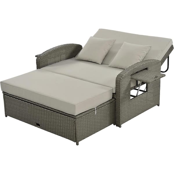 myhomore Double Chaise Lounge Brown of 1-Piece Wicker Outdoor 2-Person Reclining Day Bed with Adjustable Back and Gray Cushions