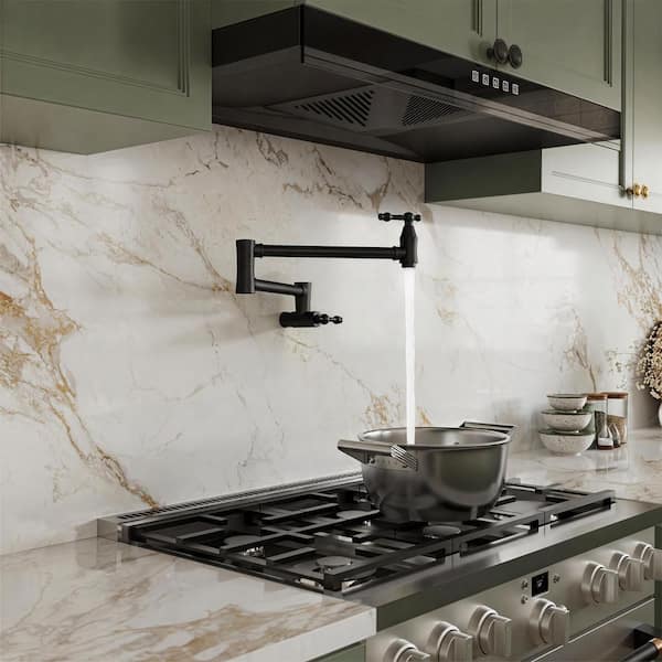 26 in. Wall Mount Double Handle Kitchen Pot Filler Faucet with 360° Swivel Arm in Matte Black