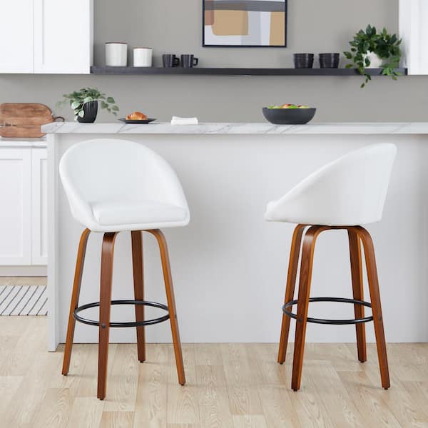Matisse Highback 29.75 in. White Faux Leather, Walnut Wood and Black Metal Fixed-Height Bar Stool (Set of 2)