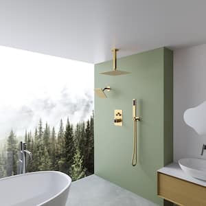7-Spray Patterns Thermostatic 12 in., 6 in. Ceiling Mount  Fixed and Handheld Shower Head in Brushed Gold