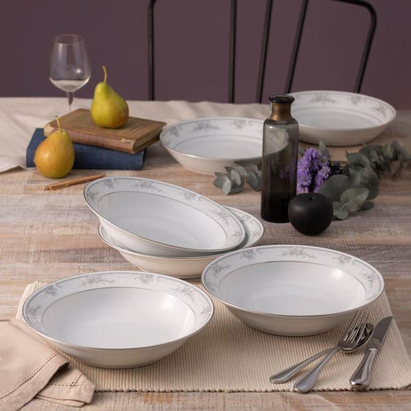 Noritake Sweet Leilani 10 in., 25 oz. (Platinum) Porcelain Rim Dinner Bowls, Set of 4