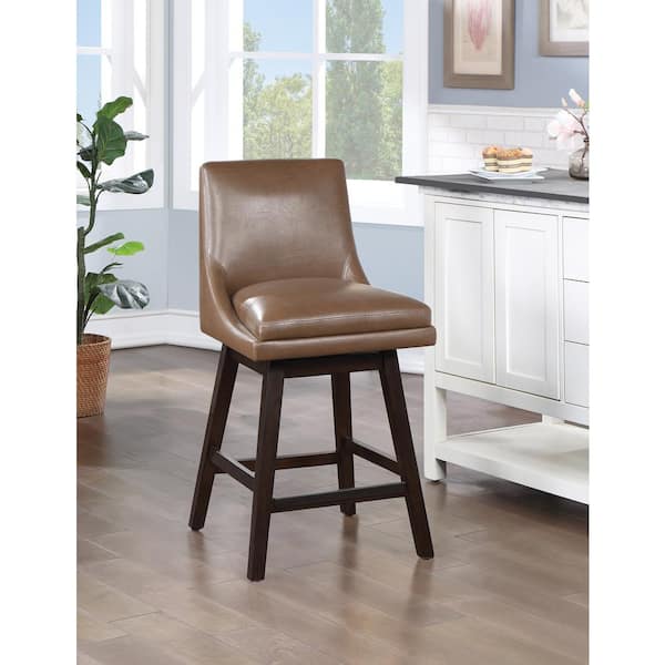 Allingham 39 in. Dark Walnut Wood Frame Swivel Counter Bar Stool with Molasses Faux Leather Seat