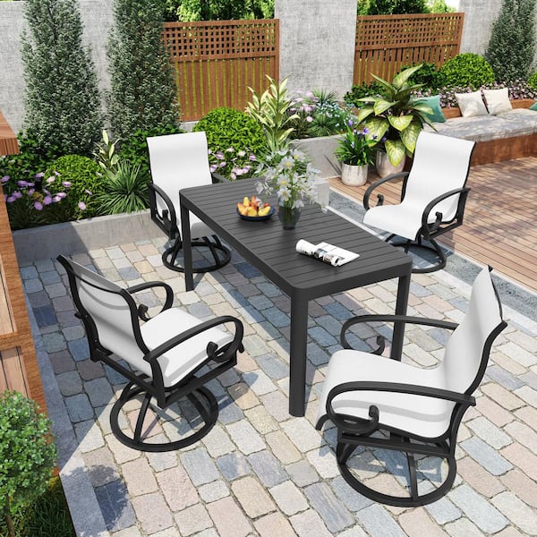 Pellebant High-end 5-Piece Aluminum Expandable Outdoor Dining Set with Sunbrella Textilene Swivel Chairs in Augustine Oyster