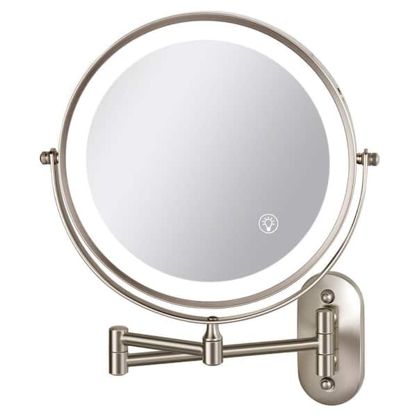 8.5 in.W x 8.5 in.H Round 1/10X Magnification,3-Color LED,Swing Arms Wall Mount Bathroom Makeup Mirror in Brushed Nickel