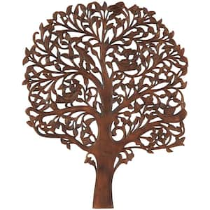 60 in. x 47 in. Brown Wooden Carved Tree Wall Art Decor with Bird Accents