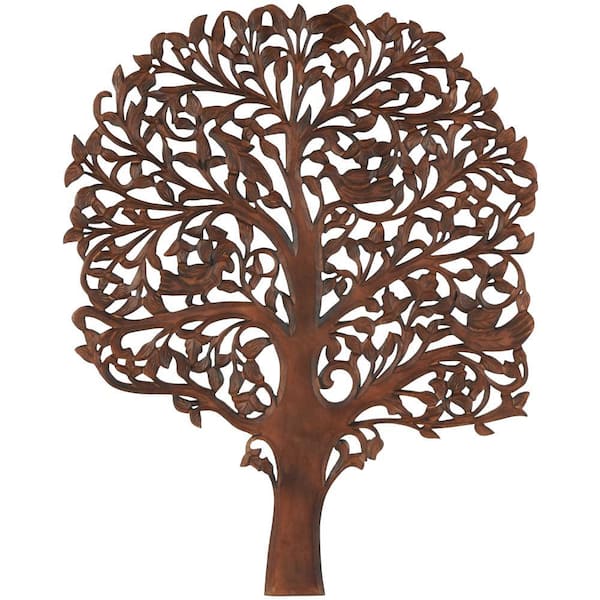 Litton Lane 60 in. x 47 in. Brown Wooden Carved Tree Wall Art Decor with Bird Accents