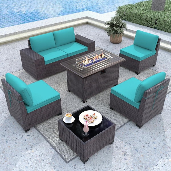 7-Piece Wicker Outdoor Patio Conversation Set with Propane Fire Pit Table, Glass Wind Guard and Cushion Turquoise