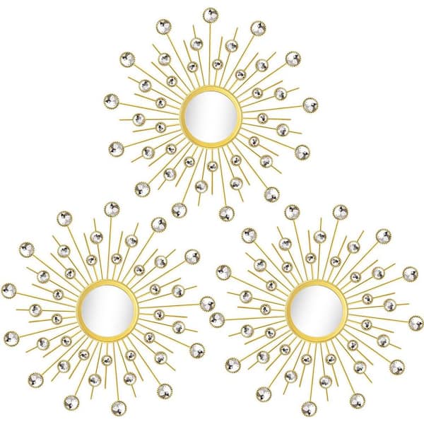 Unbranded 13.5 in. W x 13.5 in. H Rhinestone Wall Mirror Metal Starburst Mirrors Bling Home Decorative Hanging Wall Art Set of 3