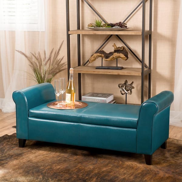 Pu Leather Armed Storage Bench, Turquoise Leather Bench